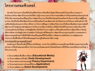 โครงงานคอมพิวเตอร์
หมายถึง กิจกรรมการเรียนที่นักเรียนมีอิสระในการเลือกศึกษาปัญหาที่ตนเองสนใจ โดยจะต้องวางแผนการ
ดาเนินงาน ศึกษา พัฒนาโปรแกรม โดยใช้ความรู้ทางกระบวนการวิศวกรรมซอฟต์แวร์เครื่องคอมพิวเตอร์และอุปกรณ์
ที่เกี่ยวข้อง ตลอดจนทักษะพื้นฐานในการพัฒนาโครงงาน เรื่องที่นักเรียนสนใจและคิดจะทาโครงงาน ซึ่งอาจมีผู้ศึกษา
มาก่อน หรือเป็นเรื่องที่นักพัฒนาโปรแกรมได้เคยค้นคว้าและพัฒนาแล้ว นักเรียนสามารถทาโครงงานเรื่องดังกล่าวได้
แต่ต้องคิดดัดแปลงแนวทางในการศึกษา การวิเคราะห์ข้อมูล การพัฒนาโปรแกรม หรือศึกษาเพิ่มเติมจากผลงานเดิมที่
มีผู้รายงานไว้ จุดมุ่งหมายสาคัญของการทาโครงงานเป็นการเปิ ดโอกาสให้นักเรียนได้รับประสบการณ์ตรงในการใช้
ระบบคอมพิวเตอร์แก้ปัญหา ประดิษฐ์คิดค้น หรือค้นคว้าหาความรู้ต่างๆ ใช้คอมพิวเตอร์ในการพัฒนาสื่อการเรียนรู้
เพื่อการศึกษา ประดิษฐ์ฮาร์ดแวร์ซอฟต์แวร์หรืออุปกรณ์ใช้สอยต่างๆ พัฒนาโปรแกรมประยุกต์ต่างๆ ตลอดจนการ
พัฒนาเกมคอมพิวเตอร์เพื่อฝึกให้นักเรียนเป็นบุคคลที่ใฝ่เรียนใฝ่รู้ การพัฒนาความคิดใหม่ๆ ความมีคุณธรรม
จริยธรรม เอื้อเฟื้อเผื่อแผ่ ให้กับเพื่อนมนุษย์ และอยู่ในสังคมอย่างมีความสุข
ประเภทของโครงงานคอมพิวเตอร์
คอมพิวเตอร์ เป็นเครื่องมือที่ใช้ในงานวิจัยในทุก ๆ สาขาวิชา ดังนั้นโครงงานคอมพิวเตอร์จึงมีความหลากหลายเป็น
อย่างมาก ทั้งในลักษณะของเนื้อหา กิจกรรม และลักษณะของประโยชน์หรือผลงานที่ได้ ซึ่งอาจแบ่งเป็นประเภทใหญ่ ๆ
ได้ 5 ประเภท คือ
1. โครงงานพัฒนาสื่อเพื่อการศึกษา (Educational Media)
2. โครงงานพัฒนาเครื่องมือ (Tools Development)
3. โครงงานประเภทจาลองทฤษฎี (Theory Experiment)
4. โครงงานประเภทการประยุกต์ใช้งาน (Application)
5. โครงงานพัฒนาเกม (Game Development)
 