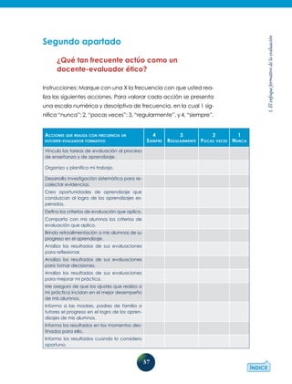 57
1.Elenfoqueformativodelaevaluación
Segundo apartado
¿Qué tan frecuente actúo como un
docente-evaluador ético?
Instrucciones: Marque con una X la frecuencia con que usted rea-
liza las siguientes acciones. Para valorar cada acción se presenta
una escala numérica y descriptiva de frecuencia, en la cual 1 sig-
nifica “nunca”; 2, “pocas veces”; 3, “regularmente”, y 4, “siempre”.
Acciones que realiza con frecuencia un
docente-evaluador formativo
4
Siempre
3
Regularmente
2
Pocas veces
1
Nunca
Vinculo las tareas de evaluación al proceso
de enseñanza y de aprendizaje.
Organizo y planifico mi trabajo.
Desarrollo investigación sistemática para re-
colectar evidencias.
Creo oportunidades de aprendizaje que
conduzcan al logro de los aprendizajes es-
perados.
Defino los criterios de evaluación que aplico.
Comparto con mis alumnos los criterios de
evaluación que aplico.
Brindo retroalimentación a mis alumnos de su
progreso en el aprendizaje.
Analizo los resultados de sus evaluaciones
para reflexionar.
Analizo los resultados de sus evaluaciones
para tomar decisiones.
Analizo los resultados de sus evaluaciones
para mejorar mi práctica.
Me aseguro de que los ajustes que realizo a
mi práctica incidan en el mejor desempeño
de mis alumnos.
Informo a las madres, padres de familia o
tutores el progreso en el logro de los apren-
dizajes de mis alumnos.
Informo los resultados en los momentos des-
tinados para ello.
Informo los resultados cuando lo considero
oportuno.
 