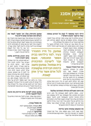 ...‫עם‬ ‫שיחה‬
‫אסבג‬ ‫שמעון‬
39 :‫גיל‬
‫ילד‬ + ‫נשוי‬ :‫משפחתי‬ ‫מצב‬
‫בחדרה‬ "‫רחמים‬ ‫"אהבת‬ ‫עמותת‬ ‫יו"ר‬ :‫עיסוק‬
‫חדרה‬ :‫מגורים‬
‫שאתה‬ ‫הארגון‬ ‫על‬ ‫קצת‬ ‫לי‬ ‫שתספר‬ ‫רוצה‬ ‫הייתי‬
?"‫רחמים‬ ‫"אהבת‬ ‫בראשו‬ ‫עומד‬
120‫לכ‬ ‫אוכל‬ ‫חבילות‬ 120‫כ‬ ‫שבוע‬ ‫סוף‬ ‫כל‬ ‫מחלק‬ ‫"הארגון‬
‫חוץ‬ ,‫חבילות‬ 400‫לכ‬ ‫מגיעים‬ ‫המספרים‬ ‫בחגים‬ ,‫משפחות‬
.‫כלה‬ ‫שמלות‬ ‫גמ"ח‬ ‫בנוסף‬ ‫לנו‬ ‫יש‬ ‫האוכל‬ ‫מחלוקת‬
‫כל‬ ‫במשך‬ ‫ותפילות‬ ‫תורה‬ ‫שיעורי‬ ‫יש‬ ‫שבו‬ ‫כנסת‬ ‫בית‬ ‫יש‬
‫לליווי‬ '‫'כלכלי‬ ‫פרויקט‬ ‫מזמן‬ ‫לא‬ ‫פתחנו‬ ‫בנוסף‬ .‫היום‬ ‫שעות‬
‫הכשרנו‬ ‫בעצם‬ ‫אנחנו‬ ,‫משפחות‬
‫לעזור‬ ‫שתפקידם‬ ‫מתנדבים‬ 15
‫בכלכלה‬ ‫להתנהל‬ ‫למשפחות‬
‫שמתאימה‬ ‫נכונה‬ ‫וצריכה‬
,‫לחסוך‬ ‫אפשר‬ ‫איפה‬ ,‫למשפחה‬
.‫כסף‬ ‫יותר‬ ‫להרוויח‬ ‫אפשר‬ ‫איפה‬
‫לעזור‬ ‫במטרה‬ ‫זה‬ ‫כל‬ ‫ובאמת‬
‫ולהתחיל‬ ‫לסיים‬ ‫למשפחות‬
".‫שצריך‬ ‫כמו‬ ‫תחודש‬
?‫בעצם‬ ‫התחיל‬ ‫הכל‬ ‫איך‬
‫בהחלטה‬ ‫התחלנו‬ ‫כל‬ ‫"קודם‬
‫הבנו‬ ,‫משו‬ ‫לעשות‬ ‫שצריך‬
‫שצריכות‬ ‫משפחות‬ ‫יש‬ ‫שבחדרה‬
‫לחמישה‬ ‫נעזור‬ ‫בוא‬ ‫אמרנו‬ ,‫עזרה‬
‫בית‬ ‫של‬ ‫בחצר‬ ‫היה‬ ‫זה‬ ,‫משפחות‬
‫תרם‬ ‫אחד‬ ‫כל‬ ,‫ככה‬ ‫והתחלנו‬ ‫הורי‬
,‫שרות‬ ‫בנות‬ ‫הגיעו‬ ,‫גדל‬ ‫זה‬ ‫לאט‬ ‫ולאט‬ ‫יכולתו‬ ‫לפי‬ ‫קצת‬
‫הגדלנו‬ ‫וכך‬ ‫מהעירייה‬ ‫מבנה‬ ‫קיבלנו‬ ,‫העיר‬ ‫מרחבי‬ ‫מתנדבים‬
‫סלי‬ 120 ‫מחלקת‬ ‫העמותה‬ ‫עומדים‬ ‫וכיום‬ ‫בעצם‬ ‫תפעילות‬
"‫שבוע‬ ‫סוף‬ ‫בכל‬ ‫מזון‬
?‫שלכם‬ ‫האחרונה‬ ‫הגדולה‬ ‫הפעילות‬ ‫היתה‬ ‫מה‬
‫הגיעו‬ ,‫מזון‬ ‫סלי‬ ‫משפחות‬ 400‫ל‬ ‫חילקנו‬ ‫בפסח‬ ...‫"אהה‬
‫באו‬ ‫שפשוט‬ ‫ילדים‬ ‫עם‬ ‫מגל-משפחות‬ ‫מקיבוץ‬ ‫מתנדבים‬
‫בעצם‬ ‫ולעזור‬ ‫לבוא‬ ‫המשפחתי‬ ‫החינוך‬ ‫מהוואי‬ ‫כחלק‬
‫המתנדבים‬ ,‫הפוליטית‬ ‫הקשת‬ ‫קצוות‬ ‫מכל‬ ‫שלנו‬ ‫המתנדבים‬
‫חילקנו‬ ‫בגדול‬ ,‫העיר‬ ‫רחבי‬ ‫בכל‬ ‫המזון‬ ‫סלי‬ ‫את‬ ‫וחילקו‬ ‫ארזו‬
‫עופות‬ ‫בשר‬ ‫יבשים‬ ‫מצורים‬ ,‫ופרות‬ ‫ירקות‬ ‫טון‬ 30 ‫מעל‬
"‫התושבים‬ ‫לרווחת‬ ‫באמת‬ ‫זה‬ ‫וכל‬ ‫וביצים‬
?‫בחיים‬ ‫אותך‬ ‫שמנחה‬ ‫המשפט‬ ‫מה‬
‫הצטרך‬ ‫אם‬ ‫אבל‬ ,‫אחד‬ ‫משפט‬ ‫שיש‬ ‫להגיד‬ ‫קשה‬ ‫"קצת‬
,‫זה‬ ‫את‬ ‫שוכחים‬ ‫קצת‬ ‫אנחנו‬ ,'‫אחד‬ ‫בלב‬ ‫אחד‬ ‫'עם‬ ‫זה‬ ‫לתמצת‬
"‫השני‬ ‫של‬ ‫אחד‬ ‫אחים‬ ‫שאנחנו‬
‫את‬ ‫לשפר‬ ‫אפשר‬ ‫איך‬ ‫שלך‬ ‫מהניסיון‬ ‫שמעון‬
?‫בה‬ ‫חיים‬ ‫שאנו‬ ‫הסביבה‬ ‫ואת‬ ‫העולם‬
‫את‬ ‫והעביר‬ ‫טוב‬ ‫מעשה‬ ‫עשה‬ ‫אחד‬ ‫שאדם‬ ‫כזה‬ ‫סרט‬ ‫"יש‬
25‫ל‬ ‫העבירו‬ ‫אנשים‬ ‫חמישה‬ ‫ואותם‬ ‫אנשים‬ ‫לחמישה‬ ‫זה‬
‫צריכים‬ ‫אנחנו‬ ,‫תעולם‬ ‫לשפר‬ ‫אפשר‬ ‫ככה‬ ,‫וכו‬ ‫וכו‬ ‫אנשים‬
‫להיות‬ ,‫מסכימים‬ ‫לא‬ ‫אנחנו‬ ‫אם‬ ‫גם‬ ‫לשני‬ ‫אחד‬ ‫להקשיב‬
.‫שצריך‬ ‫אותה‬ ‫לקבל‬ ‫ולדעת‬ ‫אחרת‬ ‫לדעה‬ ‫גם‬ ‫קשובים‬
‫לעשות‬ ‫יכול‬ ‫אחד‬ ‫כל‬ ,‫שני‬ ‫דבר‬
‫בעבודה‬ ‫זה‬ ‫אם‬ ,‫האחר‬ ‫בשביל‬ ‫משו‬
"..‫לשכן‬ ‫עזרה‬ ‫בלימודים‬
‫מלווה‬ ‫מהילדות‬ ‫זיכרון‬ ‫איזה‬
?‫חייך‬ ‫לאורך‬ ‫אותך‬
‫שמהלך‬ ‫זוכר‬ ‫,אני‬ ‫מהצבא‬ ‫משו‬ ‫"יש‬
‫חייל‬ ‫לאיזה‬ ‫הלכתי‬ ‫שלי‬ ‫השרות‬
‫על‬ ‫לכלא‬ ‫כניסה‬ ‫לפני‬ ‫שהיה‬
‫לו‬ ‫לתת‬ ‫הלכתי‬ ,‫מצה"ל‬ ‫עריקות‬
‫לפני‬ ‫לצבא‬ ‫שיחזור‬ ‫התראה‬ ‫מכתב‬
‫הוריו‬ ‫לבית‬ ‫הגעתי‬ ,‫לכלא‬ ‫שילך‬
,‫אישית‬ ‫המכתב‬ ‫את‬ ‫לו‬ ‫לתת‬ ‫כדי‬
‫באותו‬ ‫שראיתי‬ ‫ומה‬ ,‫לביתו‬ ‫נכנסתי‬
‫בית‬ ‫ראיתי‬ ,‫אשכח‬ ‫לא‬ ‫לעולם‬ ‫זמן‬
‫אין‬ ,40‫ה‬ ‫משנות‬ ‫מקרר‬ ‫טיח‬ ‫ללא‬
‫אותו‬ ‫של‬ ‫להורים‬ ‫ומספר‬ ‫יושב‬ ‫ואני‬ ,‫כלום‬ ‫אין‬ ,‫אוכל‬
‫בפשטות‬ ‫לי‬ ‫עונים‬ ‫הוריו‬ ‫אז‬ ‫לצבא‬ ‫מגיע‬ ‫לא‬ ‫שהוא‬ ‫חייל‬
‫שלו‬ ‫העבודה‬ ‫בלי‬ ,‫עובד‬ ‫הוא‬ ‫עם‬ ‫לצבא‬ ‫יגיע‬ ‫"איך‬ ‫כזאת‬
‫לפרופורציה‬ ‫אותי‬ ‫הכניס‬ ‫הזה‬ ‫הרגע‬ "‫לאוכל‬ ‫מה‬ ‫לנו‬ ‫אין‬
".‫משהו‬ ‫הבנתי‬ ,‫בחיים‬
‫תרצה‬ ‫מה‬ ‫הריאיון‬ ‫סיום‬ ‫לקראת‬ ‫אנחנו‬ ‫שמעון‬
:‫חדרה‬ ‫לתושבי‬ ‫לאחל‬
‫כל‬ ‫מחדש‬ ‫התורה‬ ‫את‬ ‫לקבל‬ ‫ושנדע‬ ,‫שמח‬ ‫שחג‬ ‫כמובן‬ "
."‫הראשונה‬ ‫הפעם‬ ‫זאת‬ ‫כאילו‬ ‫פעם‬
...‫עבורך‬ ‫מסמל‬ ‫מה‬
‫לנוח‬ ‫שאפשר‬ ‫מקום‬ ,‫משפחה‬ :‫בית‬
‫בלב‬ ‫חזק‬ ‫מקום‬ :‫חדרה‬
‫החיים‬ ‫זה‬ :‫אמונה‬
‫מעניין‬ ‫לא‬ :‫פוליטיקה‬
‫היהודי‬ ‫הספרים‬ ‫ארון‬ ‫כל‬ :‫ספר‬
‫פחד‬ ‫אין‬ ‫אמונה‬ ‫שיש‬ :‫פחד‬
‫התגורר‬ ‫חייו‬ ‫כל‬ ,‫שמעון‬
‫בבית‬ ‫בילדותו‬ ‫למד‬ .‫בעיר‬
‫משם‬ ,‫תחכמוני‬ ‫הספר‬
‫התיכונית‬ ‫לישיבה‬ ‫עבר‬
‫נחשב‬‫שמעון‬.‫שמואל‬‫בית‬
‫שקשובה‬ ‫חברתית‬ ‫כדמות‬
‫אוזן‬ ‫צריך‬ ‫אשר‬ ‫אדם‬ ‫לכל‬
.‫קשבת‬
 