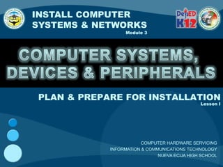 PLAN & PREPARE FOR INSTALLATION
Module 3
COMPUTER HARDWARE SERVICING
INFORMATION & COMMUNICATIONS TECHNOLOGY
NUEVA ECIJA HIGH SCHOOL
INSTALL COMPUTER
SYSTEMS & NETWORKS
Lesson I
 
