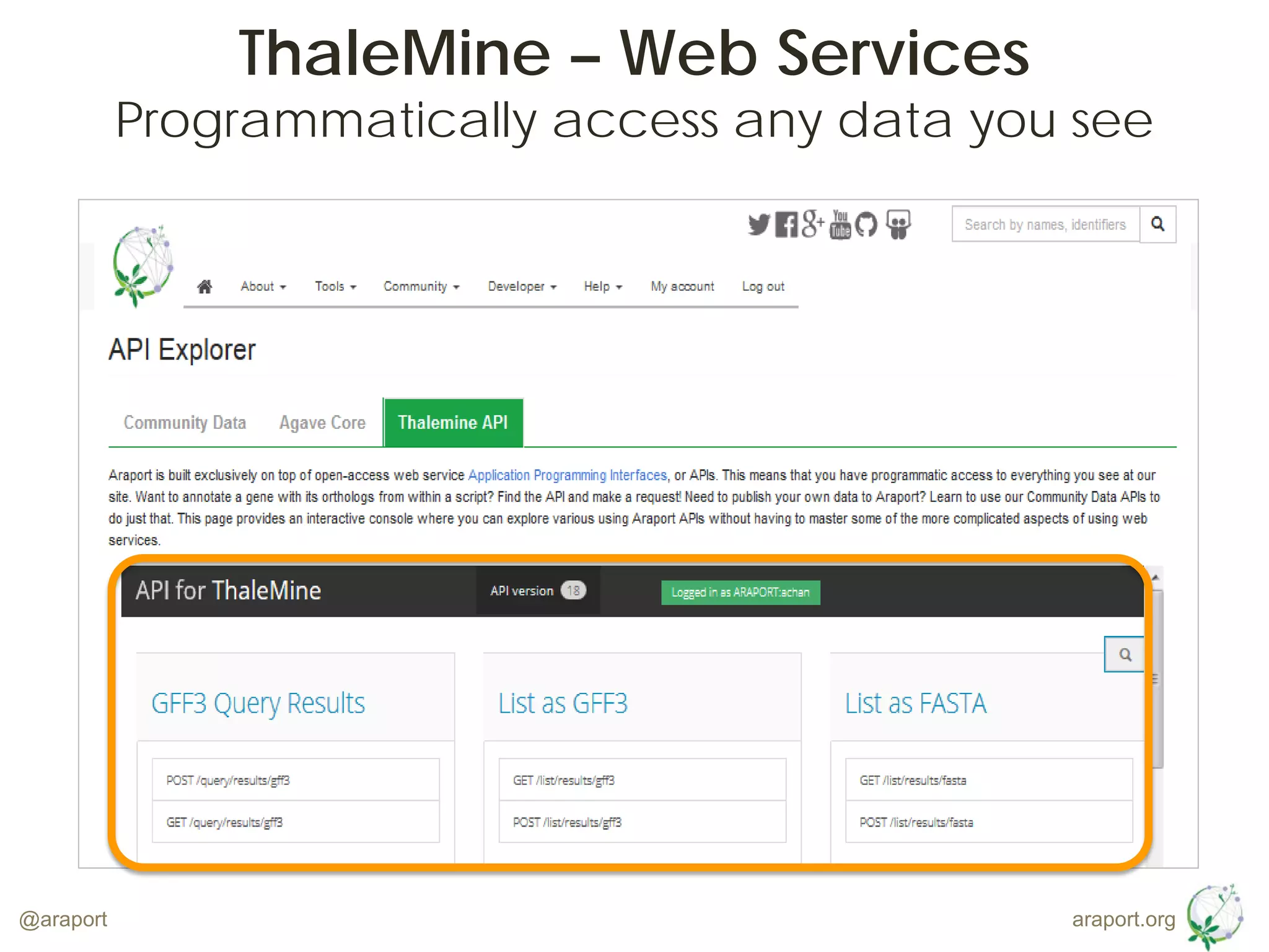 araport.org@araport
ThaleMine – Web Services
Programmatically access any data you see
 