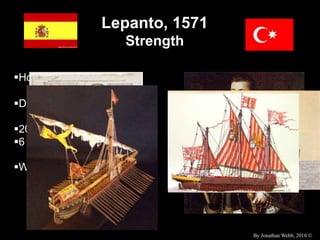 Lepanto, 1571
Strength
Holy League
Well
Ottomans
Well
Don Juan
216 galleys202 galleys
Müezzinzade Ali Pasha
By Jonathan Webb, 2010 ©
6 galeasses 64 galiots
 