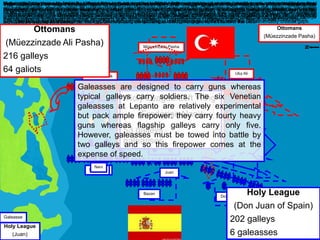 Müezzinzade Pasha deploys his fleet in five divisions, three being pre-committed to fight at his dense center. His left wing has the most room to maneuver and thus equipped
with many with smaller, more agile galiots. He plans to preserve his center while one or both of his wings defeat their opposition and envelop the Holy League line. Juan deploys
his fleet in four divisions, one being a reserve. Juan strengthens his center with both quantity and quality of galleys and allows his lethal galeasses to sail ahead of the main line
to thin out the Ottoman ranks. He plans to crush the Ottoman center while his wings prevent his own center from being outflanked. Overall, the Holy League galleys are larger
and boast more firepower but are slower than their Ottoman counterparts. Both Müezzinzade and Juan command from the center of their lines.
Ottomans
(Müezzinzade Pasha)
Holy League
(Juan)
NN
Mehmet Suluk
As both fleets sail towards each other, Barbarigo’s galeasses pulverize Mehmet Suluk’s galleys and disrupt their formation. Mehmet Suluk adapts
by sending the galleys on his extreme right to round the inshore flank of Barbarigo’s galleys, knowing the Holy League captains are less
accustomed to the area and more fearful of running ashore. The rest of the Ottoman right wing follows and is able to concentrate against only
half of the Holy League left wing.
Doria
Bazan
Barbarigo
Juan
Müezzinzade Pasha
Uluj Ali
Mehmet Suluk is punishing the Holy League left wing until its other half swings around to engage in battle and Bazan sends reinforcements from
the reserve. Barbarigo is mortally wounded and must cede command to Contarini who is then killed and succeeded by Nani. Juan’s center
galeasses decimate the Ottoman galleys with a murderous fire before close combat. Meanwhile, Uluj Ali is straining the Holy League right by
deploying his surplus of ships in line, forcing Doria to stretch his own line to match the length of the Ottoman line. This inevitably creates gaps.
In the north, Nani turns the tide by killing Mehmet Suluk and trapping the Ottoman galleys against the shore. In the center, the heftier Holy
League galleys are inflicting heavy losses while a duel between the two flagships develops; both commanders funnel all available men into this
battle. Bazan sends reinforcements from the reserve to ensure steady pressure against the Ottoman flagship. In the south, Uluj Ali continues to
deploy ships and force Doria to strain his line; the Holy League right wing is drifting dangerously further from the center.
Trapped against the shore and without a leader, the Ottoman right wing is in the process of annihilation. The Ottoman center continues to suffer grievous losses but remains
intact. Fifteen captains of Doria’s extreme left believe he is betraying the Holy League by ignoring the fierce engagement in the center so they break formation to join the fray,
creating a sizeable gap in the Holy League right wing. Uluj Ali seizes this opportunity to charge the gap, destroying most of the wandering galleys on the way. Juan’s right flank is
suddenly threatened but Bazan sends the last of the reserve to try and contain the gap. Doria meanwhile rushes to engage the rest of his division but cannot fully do so.
The remainder of the Ottoman right wing runs aground and the crews abandon their galleys for land. Meanwhile,
Müezzinzade Pasha is finally killed and his flagship overrun just as Doria engages the Ottoman left wing. Uluj Ali realizes
the situation is futile and escapes westward with thirty galleys. The remaining Ottoman galleys flee in small contingents.
Holy League
(Don Juan of Spain)
202 galleys
6 galeasses
Ottomans
(Müezzinzade Ali Pasha)
216 galleys
64 galiots
Contarini
Nani
Holy League Reserve
(Don Álvaro de Bazan)
38 galleys
Ottoman Right Wing
(Mehmet Suluk Pasha)
60 galleys 2
galiots
Holy League Center
(Don Juan of Austria)
62 galleys 2
galeasses
Holy League Left Wing
(Agostin Barbarigo)
53 galleys 2
galeasses
Holy League Right Wing
(Gian Andrea Doria)
54 galleys
2 galeasses
Ottoman Center
(Müezzinzade Ali Pasha)
95 galleys
30 galiots
Ottoman Left Wing
(Uluj Ali Pasha)
61 galleys
32 galiots
Holy League Left Wing
(Frederigo Nani)
53 galleys 2
galeasses
Galeasse
Galeasses are designed to carry guns whereas
typical galleys carry soldiers. The six Venetian
galeasses at Lepanto are relatively experimental
but pack ample firepower: they carry fourty heavy
guns whereas flagship galleys carry only five.
However, galeasses must be towed into battle by
two galleys and so this firepower comes at the
expense of speed.
 