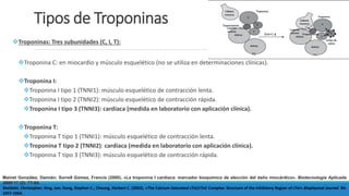 Tipos de Troponinas
Troponinas: Tres subunidades (C, I, T):
Troponina C: en miocardio y músculo esquelético (no se utiliza en determinaciones clínicas).
Troponina I:
Troponina I tipo 1 (TNNI1): músculo esquelético de contracción lenta.
Troponina I tipo 2 (TNNI2): músculo esquelético de contracción rápida.
Troponina I tipo 3 (TNNI3): cardíaca (medida en laboratorio con aplicación clínica).
Troponina T:
Troponina T tipo 1 (TNNI1): músculo esquelético de contracción lenta.
Troponina T tipo 2 (TNNI2): cardíaca (medida en laboratorio con aplicación clínica).
Troponina T tipo 3 (TNNI3): músculo esquelético de contracción rápida.
Mainet González, Damián; Sorrell Gómez, Francis (2000). «La troponina I cardíaca: marcador bioquímico de elección del daño miocárdico». Biotecnología Aplicada
2000 17 (2): 77-84.
Sheldahl, Christopher; Xing, Jun; Dong, Stephen C.; Cheung, Herbert C. (2003). «The Calcium-Saturated cTnI/cTnC Complex: Structure of the Inhibitory Region of cTnI».Biophysical Journal 84:
1057-1064.
 