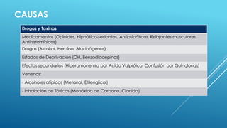 CAUSAS
Drogas y Toxinas
Medicamentos (Opioides, Hipnótico-sedantes, Antipsicóticos, Relajantes musculares,
Antihistamínicos)
Drogas (Alcohol, Heroína, Alucinógenos)
Estados de Deprivación (OH, Benzodiacepinas)
Efectos secundarios (Hiperamonemia por Acido Valpróico, Confusión por Quinolonas)
Venenos:
- Alcoholes atípicos (Metanol, Etilenglicol)
- Inhalación de Tóxicos (Monóxido de Carbono, Cianida)
 