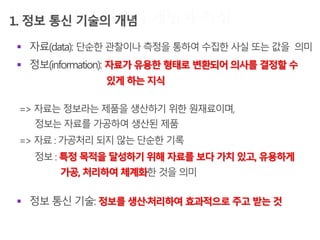 자료(data): 단순한 관찰이나 측정을 통하여 수집한 사실 또는 값을 의미
 정보(information): 자료가 유용한 형태로 변환되어 의사를 결정할 수
있게 하는 지식
=> 자료는 정보라는 제품을 생산하기 위한 원재료이며,
정보는 자료를 가공하여 생산된 제품
=> 자료 : 가공처리 되지 않는 단순한 기록
정보 : 특정 목적을 달성하기 위해 자료를 보다 가치 있고, 유용하게
가공, 처리하여 체계화한 것을 의미
 정보 통신 기술: 정보를 생산·처리하여 효과적으로 주고 받는 것
 