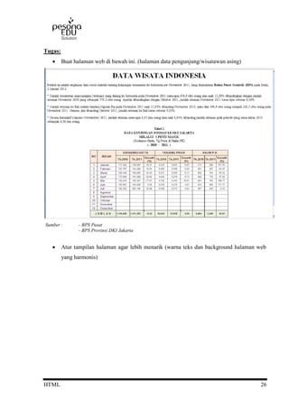 HTML 26
Tugas:
 Buat halaman web di bawah ini. (halaman data pengunjung/wisatawan asing)
Sumber : - BPS Pusat
- BPS Provinsi DKI Jakarta
 Atur tampilan halaman agar lebih menarik (warna teks dan background halaman web
yang harmonis)
 