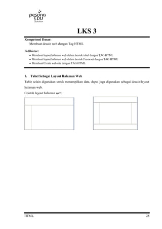 HTML 28
LKS 3
Kompetensi Dasar:
Membuat desain web dengan Tag HTML
Indikator:
 Membuat layout halaman web dalam bentuk tabel dengan TAG HTML
 Membuat layout halaman web dalam bentuk Frameset dengan TAG HTML
 Membuat/Create web site dengan TAG HTML
1. Tabel Sebagai Layout Halaman Web
Table selain digunakan untuk menampilkan data, dapat juga digunakan sebagai desain/layout
halaman web.
Contoh layout halaman web:
 