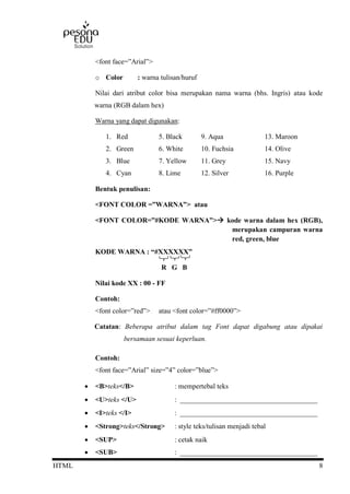 HTML 8
<font face=”Arial”>
o Color : warna tulisan/huruf
Nilai dari atribut color bisa merupakan nama warna (bhs. Ingris) atau kode
warna (RGB dalam hex)
Warna yang dapat digunakan:
1. Red 5. Black 9. Aqua 13. Maroon
2. Green 6. White 10. Fuchsia 14. Olive
3. Blue 7. Yellow 11. Grey 15. Navy
4. Cyan 8. Lime 12. Silver 16. Purple
Bentuk penulisan:
<FONT COLOR =”WARNA”> atau
<FONT COLOR=”#KODE WARNA”> kode warna dalam hex (RGB),
merupakan campuran warna
red, green, blue
KODE WARNA : “#XXXXXX”
R G B
Nilai kode XX : 00 - FF
Contoh:
<font color=”red”> atau <font color=”#ff0000”>
Catatan: Beberapa atribut dalam tag Font dapat digabung atau dipakai
bersamaan sesuai keperluan.
Contoh:
<font face=”Arial” size=”4” color=”blue”>
 <B>teks</B> : mempertebal teks
 <U>teks </U> : _______________________________________
 <I>teks </I> : _______________________________________
 <Strong>teks</Strong> : style teks/tulisan menjadi tebal
 <SUP> : cetak naik
 <SUB> : _______________________________________
 