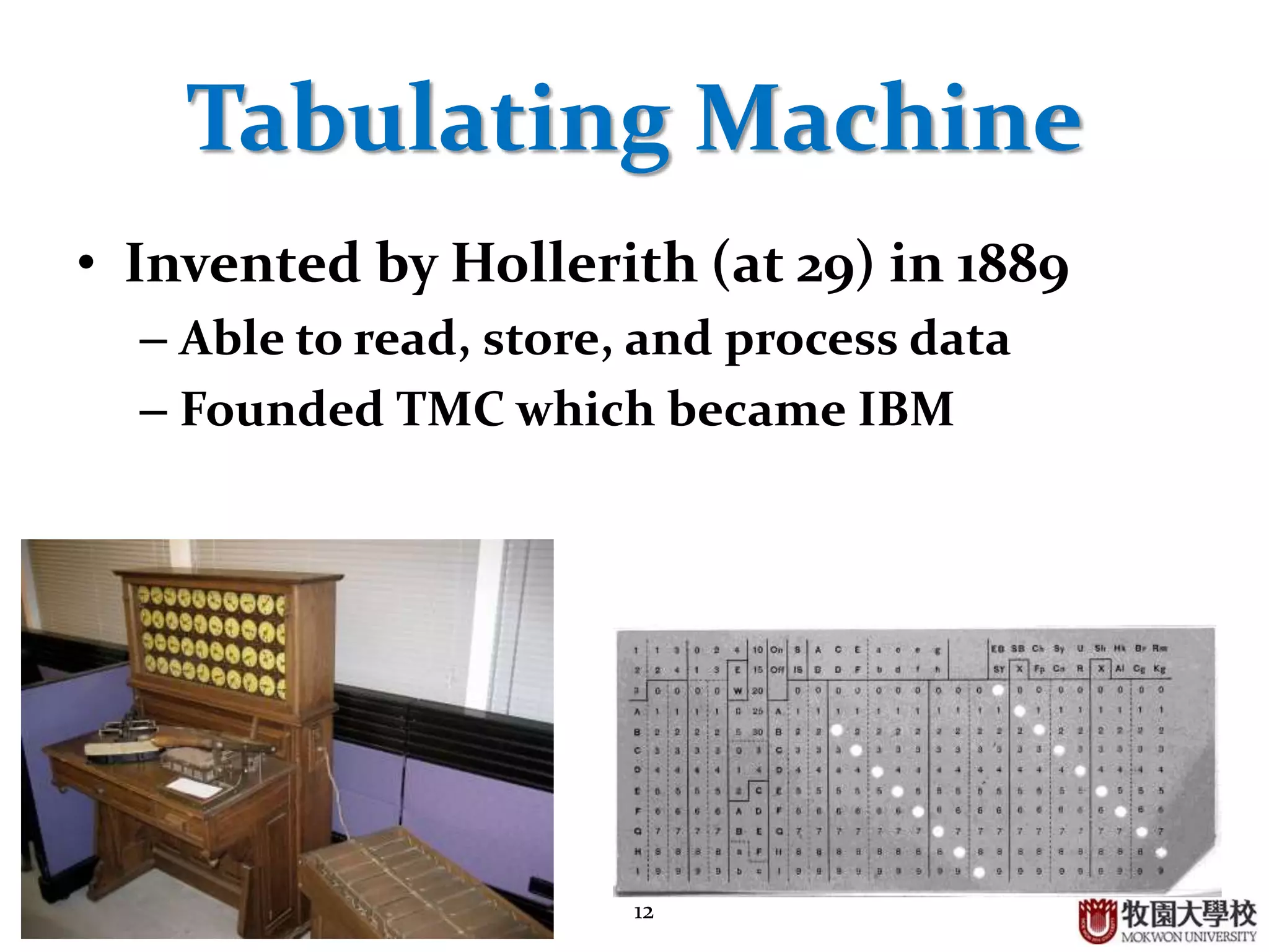 12
Tabulating Machine
• Invented by Hollerith (at 29) in 1889
– Able to read, store, and process data
– Founded TMC which became IBM
 