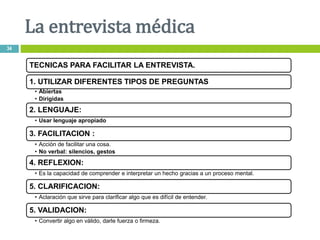 TECNICAS PARA FACILITAR LA ENTREVISTA.
1. UTILIZAR DIFERENTES TIPOS DE PREGUNTAS
• Abiertas
• Dirigidas
2. LENGUAJE:
• Usar lenguaje apropiado
3. FACILITACION :
• Acción de facilitar una cosa.
• No verbal: silencios, gestos
4. REFLEXION:
• Es la capacidad de comprender e interpretar un hecho gracias a un proceso mental.
5. CLARIFICACION:
• Aclaración que sirve para clarificar algo que es difícil de entender.
5. VALIDACION:
• Convertir algo en válido, darle fuerza o firmeza.
La entrevista médica
34
 