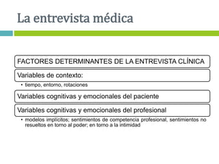 FACTORES DETERMINANTES DE LA ENTREVISTA CLÍNICA
Variables de contexto:
• tiempo, entorno, rotaciones
Variables cognitivas y emocionales del paciente
Variables cognitivas y emocionales del profesional
• modelos implícitos; sentimientos de competencia profesional, sentimientos no
resueltos en torno al poder; en torno a la intimidad
La entrevista médica
 