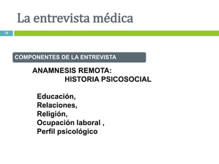 COMPONENTES DE LA ENTREVISTA
ANAMNESIS REMOTA:
HISTORIA PSICOSOCIAL
Educación,
Relaciones,
Religión,
Ocupación laboral ,
Perfil psicológico
La entrevista médica
74
 