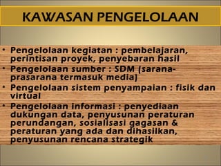 KAWASAN PENGELOLAAN
• Pengelolaan kegiatan : pembelajaran,
perintisan proyek, penyebaran hasil
• Pengelolaan sumber : SDM (sarana-
prasarana termasuk media)
• Pengelolaan sistem penyampaian : fisik dan
virtual
• Pengelolaan informasi : penyediaan
dukungan data, penyusunan peraturan
perundangan, sosialisasi gagasan &
peraturan yang ada dan dihasilkan,
penyusunan rencana strategik
18
 