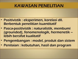 KAWASAN PENELITIAN
• Positivistik : eksperimen, korelasi dll.
Berbentuk penelitian kuantitatif
• Pasca-positivistik : naturalistik, membumi
(grounded), fenomenologik, hermenetik –
lebih bersifat kualitatif
• Pengembangan : model, produk dan sistem
• Penilaian : kebutuhan, hasil dan program
20
 