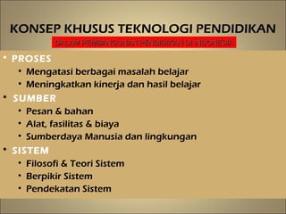 KONSEP KHUSUS TEKNOLOGI PENDIDIKAN
• PROSES
• Mengatasi berbagai masalah belajar
• Meningkatkan kinerja dan hasil belajar
• SUMBER
• Pesan & bahan
• Alat, fasilitas & biaya
• Sumberdaya Manusia dan lingkungan
• SISTEM
• Filosofi & Teori Sistem
• Berpikir Sistem
• Pendekatan Sistem
5
DALAM PEMBANGUNAN PENDIDIKAN DI INDONESIADALAM PEMBANGUNAN PENDIDIKAN DI INDONESIA
 