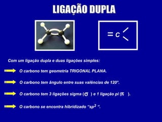 C
Com um ligação dupla e duas ligações simples:
O carbono tem geometria TRIGONAL PLANA.
O carbono tem ângulo entre suas valências de 120°.
O carbono tem 3 ligações sigma ( ) e 1 ligação pi ( ).
O carbono se encontra hibridizado “sp “.
σ
2
π
 