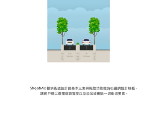 StreetMix 提供街道設計的基本元素與拖放功能做為街道的設計模板，
讓⽤用⼾戶得以選擇道路寬度以及添加或刪除⼀一切街道要素。	
 