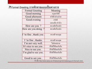 อ้างอิง http://www.ipecp.ac.th/ipecp/cgi-binn/webeng/unit1/formal1.html
 Formal Greeting การทักทายแบบเป็นทางการ
Formal Greeting Meaning
Good morning อรุณสวัสดิ์
Good afternoon สวัสดี (ช่วงบ่าย)
Good evening สวัสดี
(ตอนเย็น-หัวค่า)
How are you ? สบายดีหรือเปล่า
How are you doing ? สบายดีหรือเปล่า
I ‘m fine , thank you . สบายดี ขอบคุณ
I ‘m fine , thanks. สบายดี ขอบคุณ
I’m not very well. ไม่ค่อยสบาย
It’s nice to see you . ดีใจที่ได้เจอกันอีก
Nice to see you . ดีใจที่ได้เจอกันอีก
I’m glad to see you . ดีใจที่ได้เจอกันอีก
Good to see you . ดีใจที่ได้เจอกันอีก
 