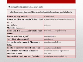 อ้างอิง http://www.ipecp.ac.th/ipecp/cgi-binn/webeng/unit1/formal1.html
 การแนะนาตัวเอง (Introduce one’s self)
เมื่อเราต้องการจะแนะนาตัวเอง เราอาจใช้สานวนเหล่านี้นะครับ ขอให้นักศึกษาลองศึกษาสานวนข้างล่างนี้นะครับ
Excuse me, my name is ............... ขอโทษครับ ผมชื่อ...........
Excuse me. How do you do? I don't think
we 've
met before.
My name is...............
ขอโทษครับ ผมคิดว่าเรายังไม่เคยพบกันมาก่อนนะครับ
ผมชื่อ..........
Hello! (Hi!)I'm .............and what's your
name?
สวัสดี ผมคือ...........แล้วคุณชื่ออะไรครับ
Let me introduce myself. ขอแนะตัวเองนะครับ
May I introduce myself? ขอแนะตัวเองนะ
Let me introduce myself. My name is
John.
ขอแนะตัวเองนะ ผมชื่อ John
I'd like to introduce myself. I'm John. ขอแนะตัวเองนะ ผมชื่อ John
I don't think we've been introduced.
My name is John.
ผมไม่คิดว่าเราได้รับการแนะให้รู้จักกันมาก่อน
ผมชื่อ John
I don't think you know me. I'm John. ผมไม่คิดว่าคุณจะรู้จักผมนะผมชื่อ John
 