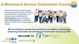 We are starting a community movement committed to dramatically
enhancing the health and well-being of Snohomish County by 2020.
To accomplish this common agenda,
passionate members of the community,
visionary leaders, organizations and
companies are dedicating their
existing efforts and committing to
work collaboratively to collectively
improve nutrition and increase physical
activity.
WELCOME TO
A Movement Across Snohomish County
 