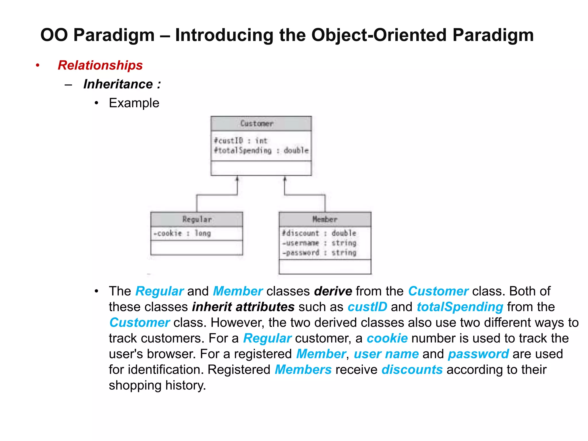 OO Paradigm – Introducing the Object-Oriented Paradigm
• Relationships
– Inheritance :
• Example
• The Regular and Member classes derive from the Customer class. Both of
these classes inherit attributes such as custID and totalSpending from the
Customer class. However, the two derived classes also use two different ways to
track customers. For a Regular customer, a cookie number is used to track the
user's browser. For a registered Member, user name and password are used
for identification. Registered Members receive discounts according to their
shopping history.
 