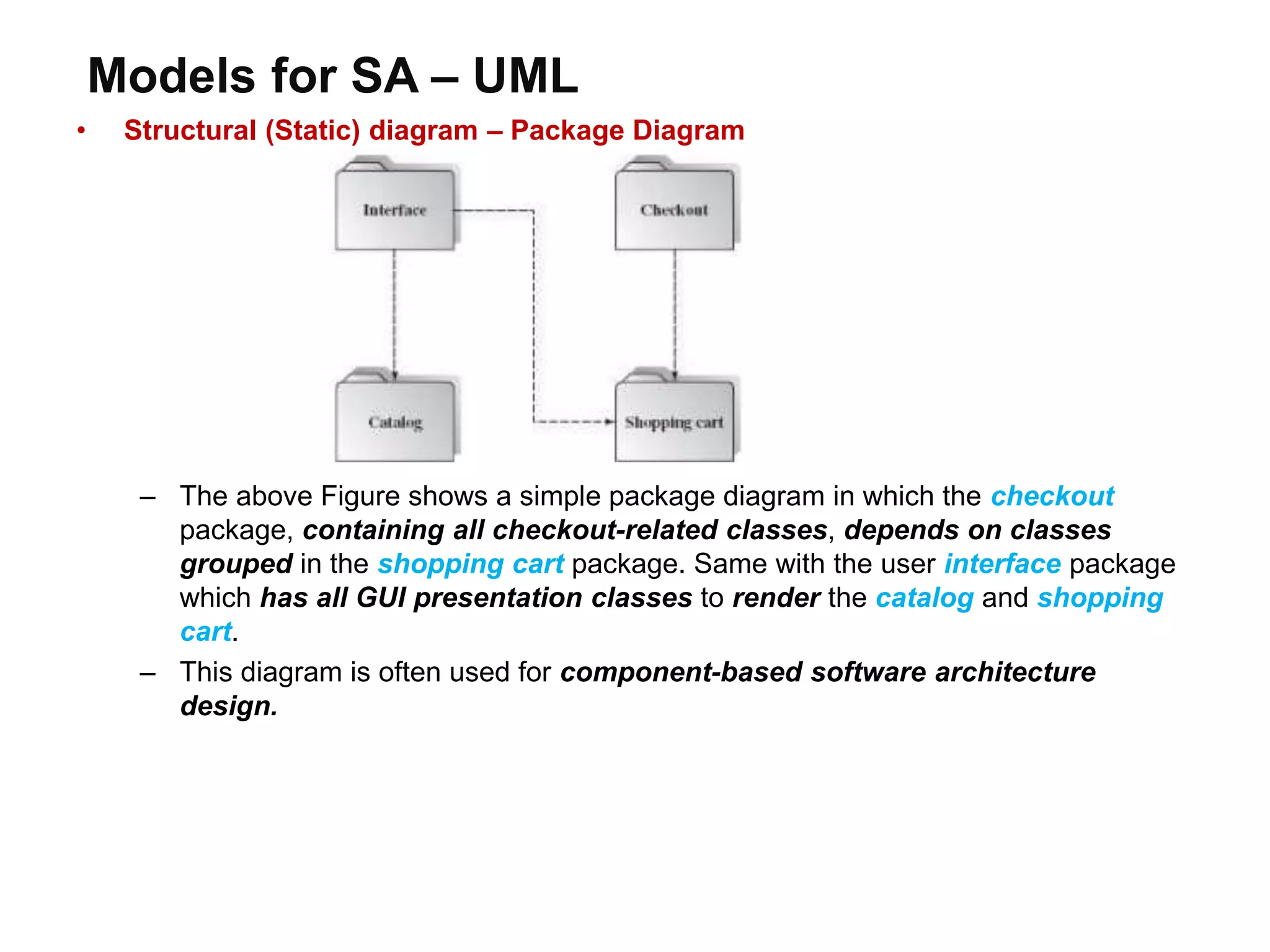 Models for SA – UML
• Structural (Static) diagram – Package Diagram
– The above Figure shows a simple package diagram in which the checkout
package, containing all checkout-related classes, depends on classes
grouped in the shopping cart package. Same with the user interface package
which has all GUI presentation classes to render the catalog and shopping
cart.
– This diagram is often used for component-based software architecture
design.
 