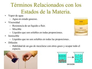 Términos Relacionados con los
Estados de la Materia.
• Vapor de agua
– Agua en estado gaseoso.
• Viscosidad
– Resistencia de un líquido a fluir.
– Miscible
– Líquidos que son solubles en todas proporciones.
• Inmiscible
– Líquidos que no son solubles en todas las proporciones .
• Difusión
– Habilidad de un gas de mezclarse con otros gases y ocupar todo el
espacio.
 