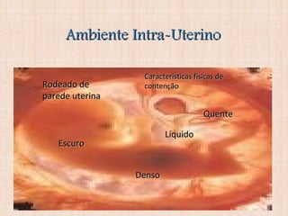 Ambiente Intra-UterinoAmbiente Intra-Uterino
LíquidoLíquido
EscuroEscuro
Características físicas deCaracterísticas físicas de
contençãocontenção
DensoDenso
Rodeado deRodeado de
parede uterinaparede uterina
QuenteQuente
 