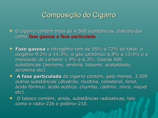 Composição do CigarroComposição do Cigarro
 O cigarro contém mais de 4.500 substâncias, distribuídasO cigarro contém mais de 4.500 substâncias, distribuídas
comocomo fase gasosa e fase particuladafase gasosa e fase particulada..
 Fase gasosaFase gasosa o nitrogênio tem de 55% a 72% do total; oo nitrogênio tem de 55% a 72% do total; o
oxigênio 9,2% a 14,3%; o gás carbônico 6,9% a 13,4% e ooxigênio 9,2% a 14,3%; o gás carbônico 6,9% a 13,4% e o
monóxido de carbono 1,9% a 6,3%. Outras 500monóxido de carbono 1,9% a 6,3%. Outras 500
substâncias (benzeno, amônia, tolueno, acetaldeído,substâncias (benzeno, amônia, tolueno, acetaldeído,
acroleína etc).acroleína etc).
 A fase particuladaA fase particulada do cigarro contém, pelo menos, 3.500do cigarro contém, pelo menos, 3.500
outras substâncias (alcatrão, nicotina, colesterol, fenol,outras substâncias (alcatrão, nicotina, colesterol, fenol,
ácido fórmico, ácido acético, chumbo, cádmio, zinco, níquelácido fórmico, ácido acético, chumbo, cádmio, zinco, níquel
etc).etc).
 O tabaco contém, ainda, substâncias radioativas, taisO tabaco contém, ainda, substâncias radioativas, tais
como o rádio-226 e polônio-210.como o rádio-226 e polônio-210.
 