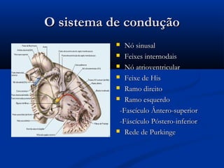 O sistema de conduçãoO sistema de condução
 Nó sinusalNó sinusal
 Feixes internodaisFeixes internodais
 Nó atrioventricularNó atrioventricular
 Feixe de HisFeixe de His
 Ramo direitoRamo direito
 Ramo esquerdoRamo esquerdo
-Fascículo Ântero-superior-Fascículo Ântero-superior
-Fáscículo Póstero-inferior-Fáscículo Póstero-inferior
 Rede de PurkingeRede de Purkinge
 