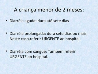 A criança menor de 2 meses:
• Diarréia aguda: dura até sete dias
• Diarréia prolongada: dura sete dias ou mais.
Neste caso,referir URGENTE ao hospital.
• Diarréia com sangue: Também referir
URGENTE ao hospital.
 
