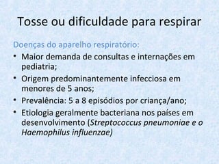 Tosse ou dificuldade para respirar
Doenças do aparelho respiratório:
• Maior demanda de consultas e internações em
pediatria;
• Origem predominantemente infecciosa em
menores de 5 anos;
• Prevalência: 5 a 8 episódios por criança/ano;
• Etiologia geralmente bacteriana nos países em
desenvolvimento (Streptococcus pneumoniae e o
Haemophilus influenzae)
 
