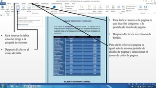• Para insertar la tabla
solo me dirigí a la
pergaña de insertar
• Después di clic en el
icono de tabla
• Para darle el marco a la pagina lo
que hice fue dirigirme a la
pestaña de diseño de pagina.
• Después di clic en en el icono de
bordes.
Para darle color a la pagina es
igual solo la misma pestaña de
diseño de pagina y seleccionar el
icono de color de pagina.
 