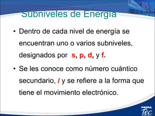 Subniveles de energía y orbitales
• Cada subnivel tiene uno o más orbitales.
• Los orbitales se denominan con letras
minúsculas (s, p, d, f)
• En cada orbital puede haber uno o dos
electrones (un par como máximo)
• Cada electrón en un orbital debe tener
“spin” (giro) opuesto.
 