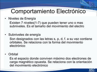 Niveles de Energía
• Al nivel de energía se le llama numero
cuántico principal, se representa con la
letra n, puede tomar valores 1, 2, 3…7
• Este parámetro cuántico, n se refiere a la
cantidad de energía y al tamaño del
movimiento del e-.
 