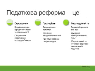 Податкова реформа – це
2
Серпень 2015
Вдосконалення
юридичної мови
та термінології
Скорочення
податкових
процедур/витрат
С...