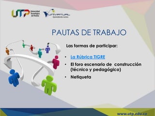 • La Rúbrica TIGRE
• El foro escenario de construcción
(técnico y pedagógico)
• Netiqueta
PAUTAS DE TRABAJO
Las formas de participar:
 