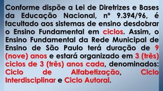 Conforme dispõe a Lei de Diretrizes e Bases
da Educação Nacional, nº 9.394/96, é
facultado aos sistemas de ensino desdobrar
o Ensino Fundamental em ciclos. Assim, o
Ensino Fundamental da Rede Municipal de
Ensino de São Paulo terá duração de 9
(nove) anos e estará organizado em 3 (três)
ciclos de 3 (três) anos cada, denominados:
Ciclo de Alfabetização, Ciclo
Interdisciplinar e Ciclo Autoral.
 