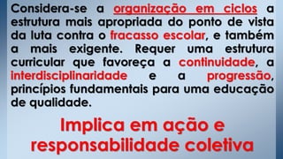 Considera-se a organização em ciclos a
estrutura mais apropriada do ponto de vista
da luta contra o fracasso escolar, e também
a mais exigente. Requer uma estrutura
curricular que favoreça a continuidade, a
interdisciplinaridade e a progressão,
princípios fundamentais para uma educação
de qualidade.
Implica em ação e
responsabilidade coletiva
 