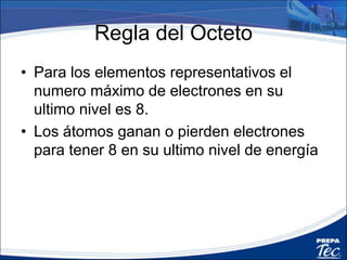 Regla del Octeto
• Para los elementos representativos el
numero máximo de electrones en su
ultimo nivel es 8.
• Los átomos ganan o pierden electrones
para tener 8 en su ultimo nivel de energía
 