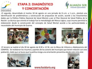 -El segundo, desarrollado el martes 18 de agosto en una jornada de 8 a.m. a 1 p.m., planteó una
identificación de problemáticas y construcción de propuestas de acción, acorde a los lineamientos
dados por la Política Pública Nacional de Salud Mental y por el Plan Decenal de Salud Pública de la
Nación. La técnica que orientó el trabajo fue la metodología del Marco Lógico, cuyo insumo permitió la
elaboración desde la construcción del concepto de Salud Mental acorde a las particularidades y
necesidades del municipio de Guarne.
-El tercero se realizó el día 20 de agosto de 8:30 a 12 M, con la Mesa de Infancia y Adolescencia del
COMPOS. Se recibieron los insumos y aportes de los actores del municipio que tienen relación con esta
población, dado que se busca que la política tenga una orientación preventiva desde este ciclo vital.
ETAPA 2: DIAGNÓSTICO
Y CONCERTACIÓN
 