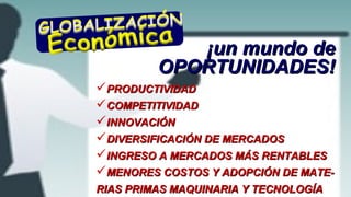 ¡un mundo de¡un mundo de
OPORTUNIDADES!OPORTUNIDADES!
PRODUCTIVIDADPRODUCTIVIDAD
COMPETITIVIDADCOMPETITIVIDAD
INNOVACIÓNINNOVACIÓN
DIVERSIFICACIÓN DE MERCADOSDIVERSIFICACIÓN DE MERCADOS
INGRESO A MERCADOS MÁS RENTABLESINGRESO A MERCADOS MÁS RENTABLES
MENORES COSTOS Y ADOPCIÓN DE MATE-MENORES COSTOS Y ADOPCIÓN DE MATE-
RIAS PRIMAS MAQUINARIA Y TECNOLOGÍARIAS PRIMAS MAQUINARIA Y TECNOLOGÍA
 