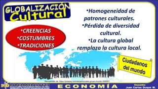 •Homogeneidad de
patrones culturales.
•Pérdida de diversidad
cultural.
•La cultura global
remplaza la cultura local.
•CREENCIASCREENCIAS
•COSTUMBRESCOSTUMBRES
•TRADICIONESTRADICIONES
Recuperado de: https://pixabay.com/es/personales-grupo-mundo-358067/
 