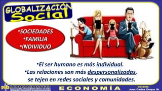 •El ser humano es más individual.
•Las relaciones son más despersonalizadas,
se tejen en redes sociales y comunidades.
•SOCIEDADESSOCIEDADES
•FAMILIAFAMILIA
•INDIVIDUOINDIVIDUO
 