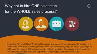 Great idea! Are you kidding? Try to build an ocean ship alone =) Contemporary internet sales is a
complicated work. Each marketing tool as SEO or Social Networking requires a solid knowledge of
1000 nuances, constant A/B tests and a variety of daily activities. If you assign one person to all
scope of sales work the result will be pathetic – poor lead generation and low sales.
3Why not to hire ONE salesman
for the WHOLE sales process?
 