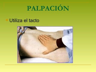 PALPACIÓN
 Utiliza el tacto
 