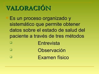 VALORACIÓNVALORACIÓN
 Es un proceso organizado y
sistemático que permite obtener
datos sobre el estado de salud del
paciente a través de tres métodos
 Entrevista
 Observación
 Examen físico
 