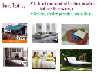 Home Textiles
Technical components of furniture, household
textiles & floorcoverings
Acetates, acrylics, polyester, natural fibers…..
Granch Berhe 2015
 