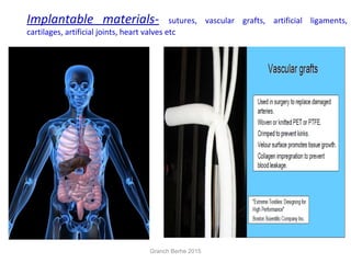Implantable materials- sutures, vascular grafts, artificial ligaments,
cartilages, artificial joints, heart valves etc
Granch Berhe 2015
 